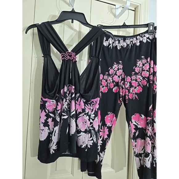 LINEA DONATELLA SLEEPWEAR Top And Bottom Sz LG Black W Pink Floral Print Halter - Picture 2 of 8